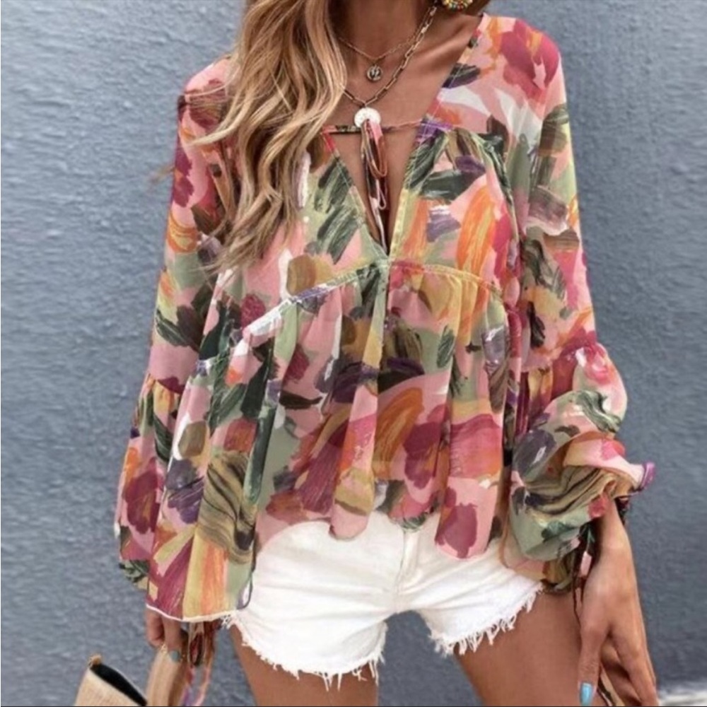 Muted multi-color abstract floral hippie boho blouse. Shein Large TTS